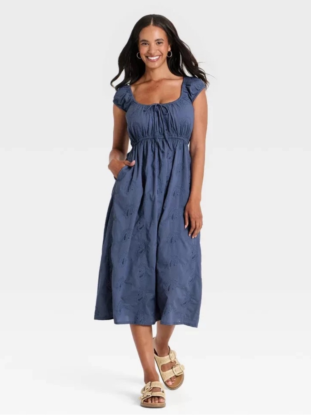 Universal Thread Blue Embroidered Square-Neck Midi Dress